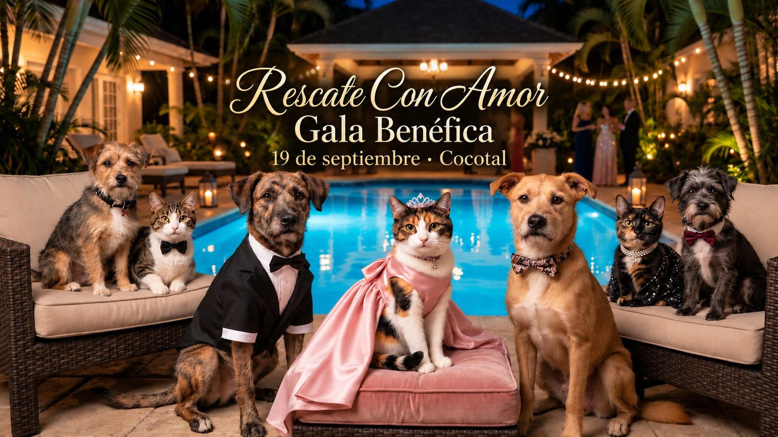 Rescued dogs and cats dressed formally beside a pool at the Rescate Con Amor Gala Benéfica, September 19, Cocotal